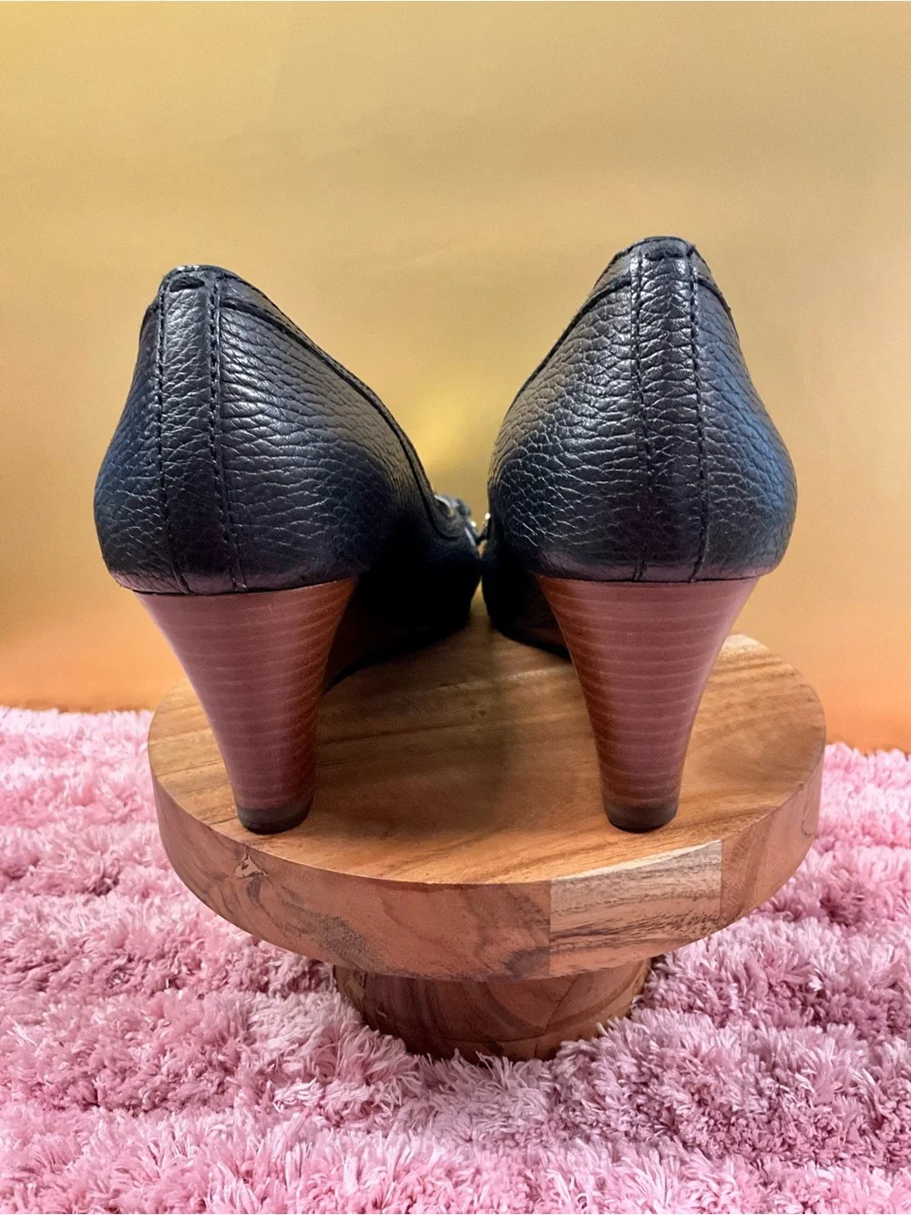Tory Burch Black Peep-Toe Leather Pumps with Gold Logo Medallion